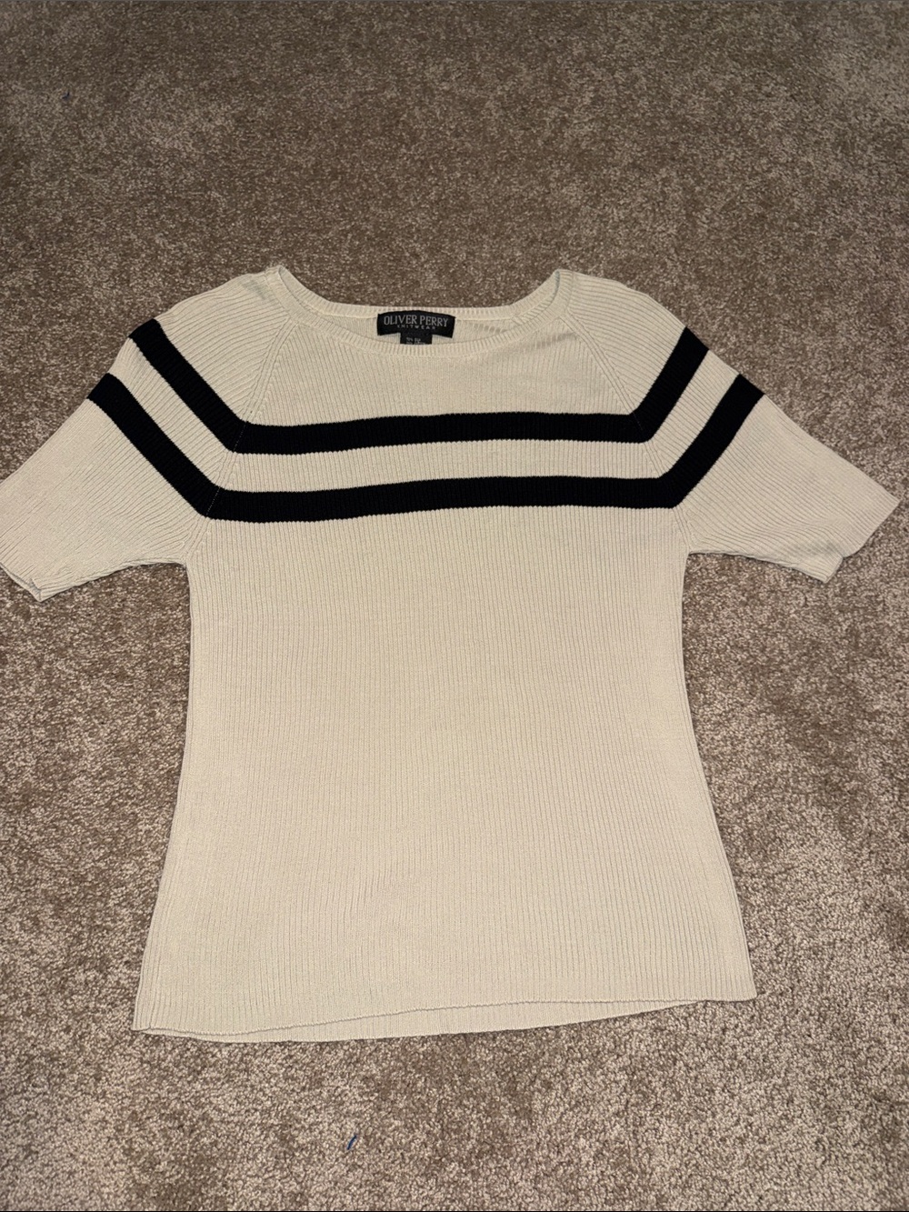 Oliver Perry Short-Sleeve Silk Cotton Knit Sweater with Black Stripes